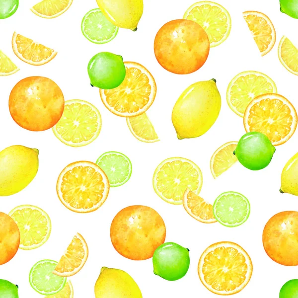 Aquarel Naadloze Patroon Met Citroen Limoen Sinaasappel Vruchten Witte Achtergrond — Stockfoto