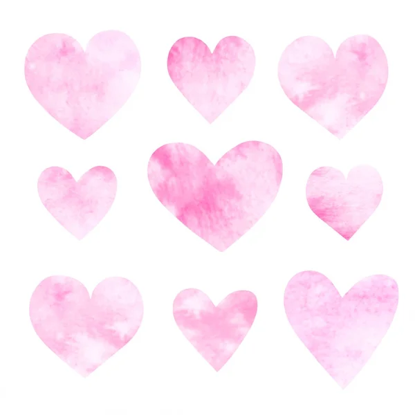 Coleção Corações Cor Rosa Aquarela Desenhados Mão Isolados Fundo Branco — Fotografia de Stock