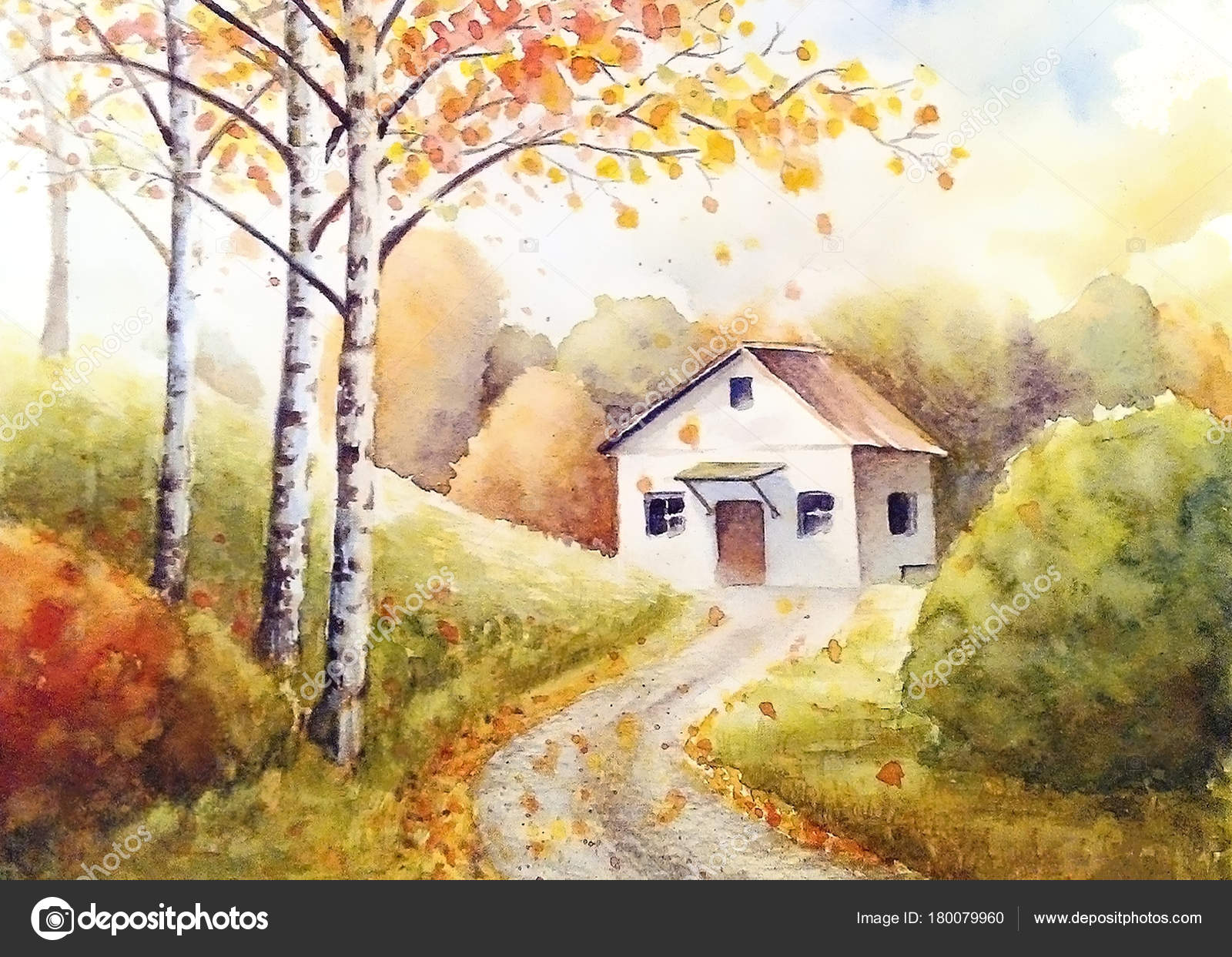 Watercolor Drawing Autumn Forest Road Leading White House Stock Photo Image By C Lyubovtolstova Watercolor Drawing Autumn Forest Road Leading White House Stock Photo Image By C Lyubovtolstova