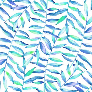 Suluboya doğal arka plan el çekilmiş tr mavi beyaz zemin üzerine yeşil opical bitkiler.