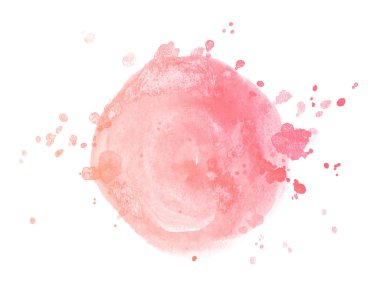 Damla ve beyaz arka plan üzerinde izole sıçraması ile soyut sanat pembe suluboya el çekilmiş.