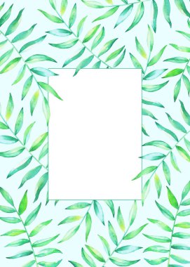 Tropik bitkiler metin için boş yer beyaz zemin üzerine izole kart şablonu suluboya el ile çizilmiş.