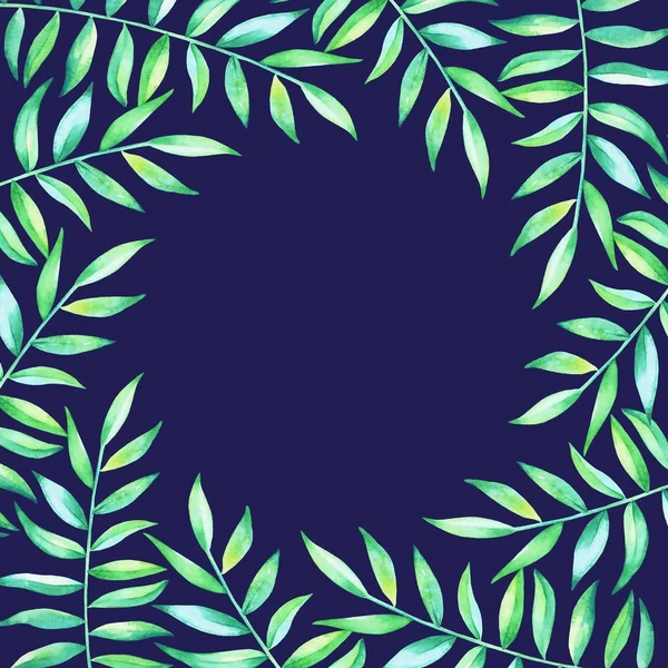 Karta Šablony Akvarel Rukou Kreslené Tropické Rostliny Izolován Modrém Podkladu — Stock fotografie