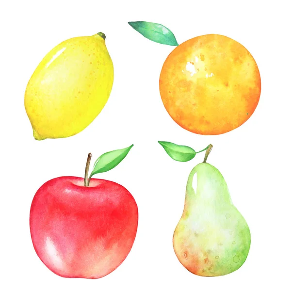 Kleurrijke Set Van Aquarel Hand Getekende Sappige Vruchten Geïsoleerd Witte — Stockfoto