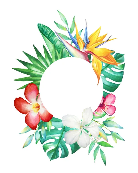 Modèle Carte Avec Aquarelle Dessinée Main Fleurs Tropicales Plantes Isolées — Photo