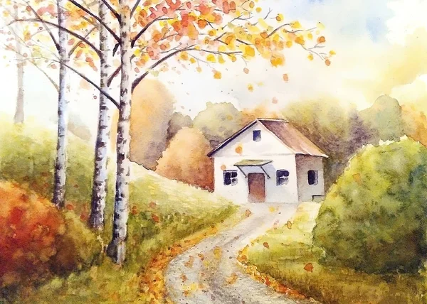 Watercolor Drawing Autumn Forest Road Leading White House — Stock Photo, Image