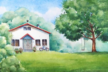 Suluboya çizimi yaz kırsal manzara beyaz ev, Bahçe, Bisiklet ve sallanmak sedye ile