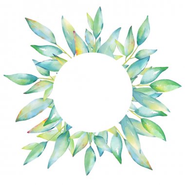 Kare çiçek kartı tasarım şablonu. Yeşil yaprakları ve dalları üzerinde beyaz arka plan izole suluboya el çekilmiş.