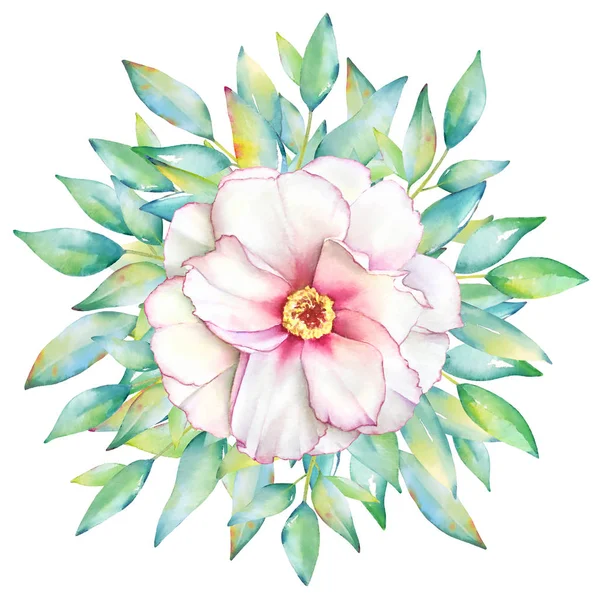 Card Template Watercolor Hand Drawn Green Herbs White Peony Flower — Stock Photo, Image