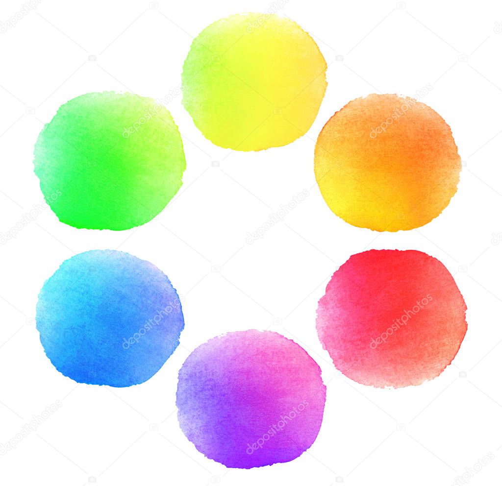 Set of hand drawn watercolor textured round backgrounds isolated on white. Collection of multicolor brush strokes. Colorful isolated watercolor paint circles.