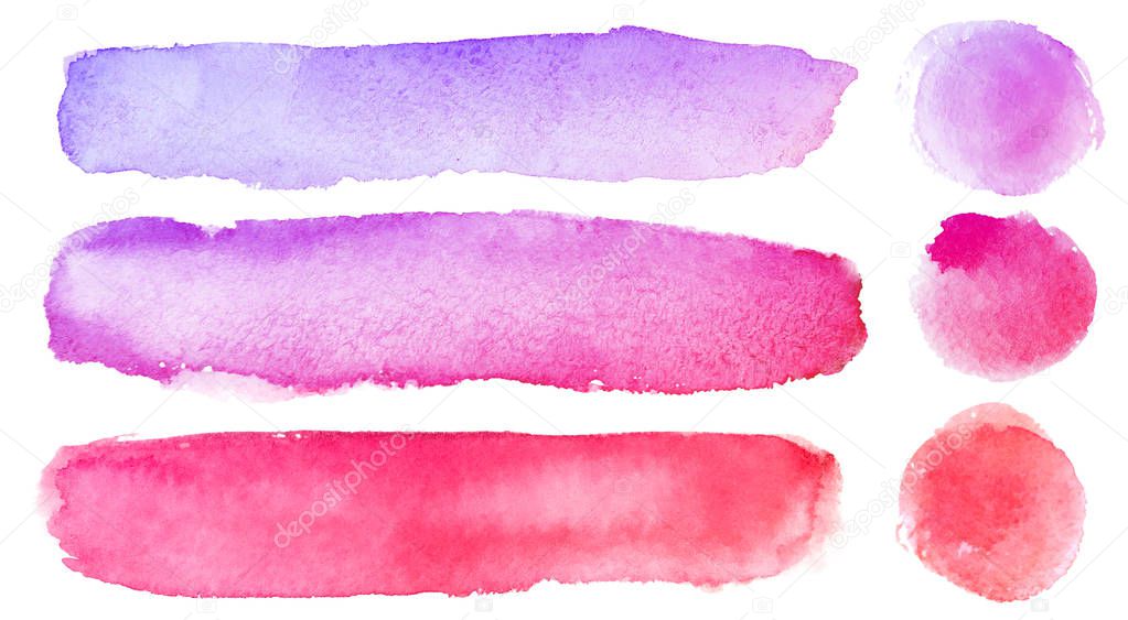 Set of hand painted watercolor textured backgrounds isolated on white. Collection of red brush strokes.