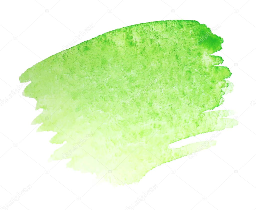Abstract hand painted green watercolor brush stroke isolated on white background. Isolated stroke with dry rough edges