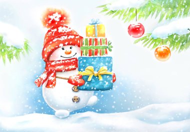 Suluboya el yeni yıl kartı şirin bir kardan adam kap ve ormanın içinde mevcut kutuları taşıyan mittens ile çekilmiş. Noel ve yeni yıl kartları tasarımı