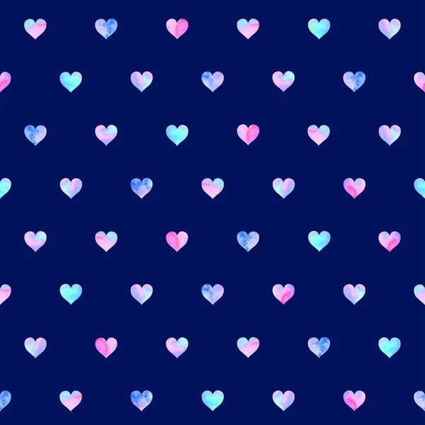 Ručně Tažené Akvarel Vzor Bezešvé Vícebarevná Srdcí Izolované Modrém Pozadí — Stock fotografie
