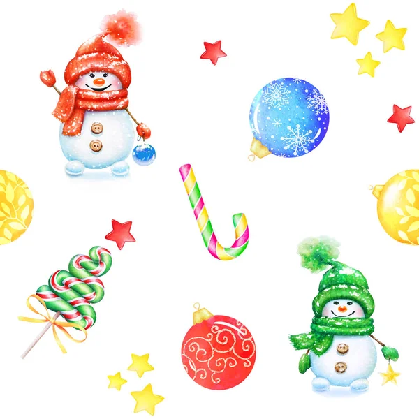 无缝的新年模式与水彩可爱的雪人在棒球手套和帽子 星星和装饰球 — 图库照片
