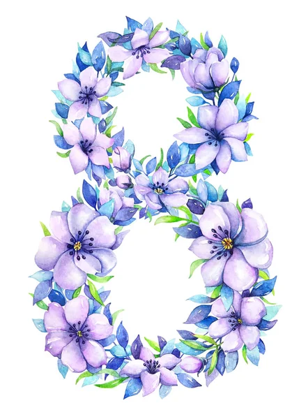 Akvarell Hand Dras Blommig Nummer Vacker Designelement För Kvinnors Dag — Stockfoto