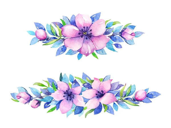 Aquarel Hand Getekend Decoratieve Bloemen Elementen Met Lila Bloemen Bladeren — Stockfoto