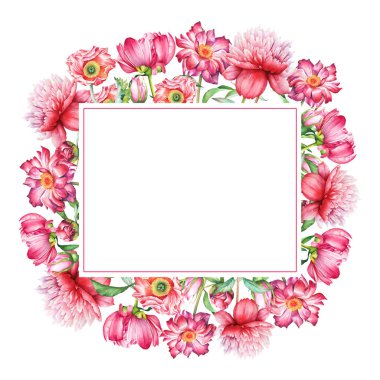 Suluboya çiçek tasarım, pembe ve kırmızı çiçekler ile beyaz arka plan üzerinde izole metin için boş yer yeşil yaprakları ile. Tebrik, düğün, Sevgililer günü kartları, karalama defteri tasarım öğesi için yararlı.