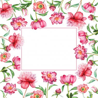 Suluboya çiçek tasarım, pembe ve kırmızı çiçekler ile beyaz arka plan üzerinde izole metin için boş yer yeşil yaprakları ile. Tebrik, düğün, Sevgililer günü kartları, karalama defteri tasarım öğesi için yararlı.