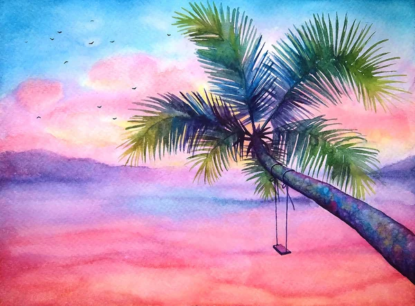 水彩戏剧性的热带日落景观与棕榈和摇摆 生动的热带背景 — 图库照片