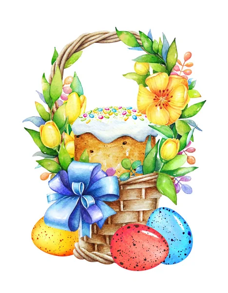 Basket Easter Eggs Cake Flowers Ribbon Watercolor Illustration Decorative Easter — Stock Photo, Image