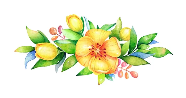 Elemento Decorativo Acuarela Con Flores Amarillas Primavera Aisladas Sobre Fondo —  Fotos de Stock