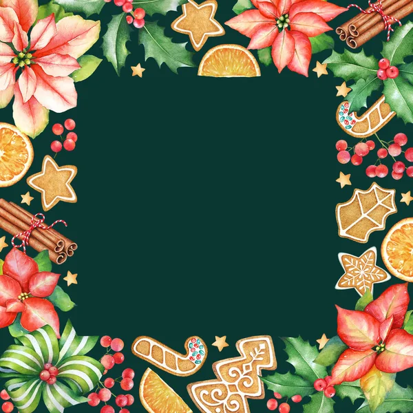 框架与水彩画一品红花 冬青枝浆果 生姜饼干和肉桂粘在深绿色的背景 新年气氛 — 图库照片