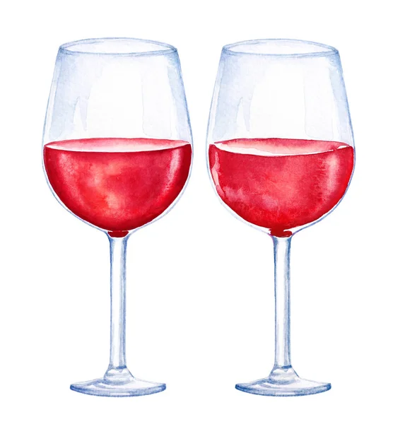 Aquarell Illustration Von Zwei Gläsern Mit Rotwein Auf Weißem Hintergrund — Stockfoto