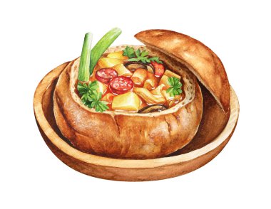 Ahşap tabakta servis edilen ekmek kasesinde sebzeli ve sosisli çorbanın suluboya çizimi. Çek geleneksel mutfağı.