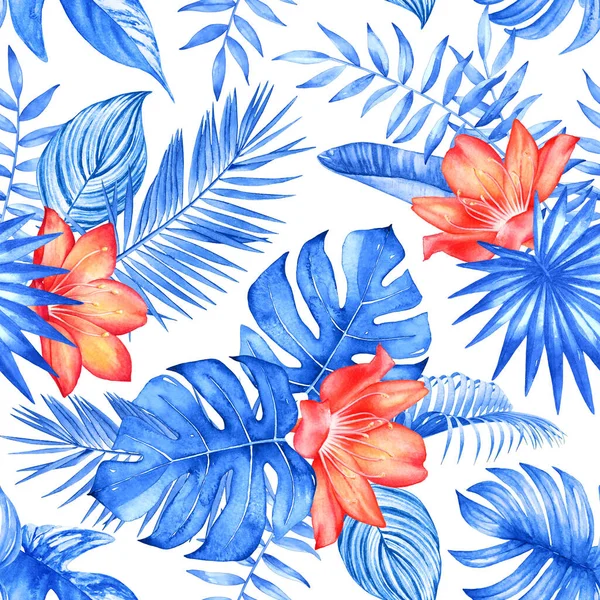 Watercolor seamless pattern with tropical plants and flowers on whight background. Trendy colors of 2020 Phantom Blue and Lush Lava.