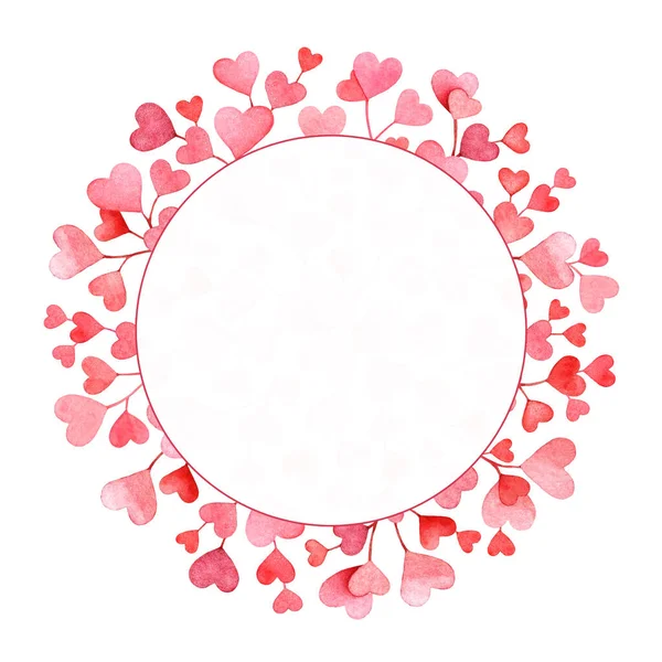 Cornice Rotonda Acquerello Con Cuori Rosa Rossi Sfondo Bianco Amore — Foto Stock