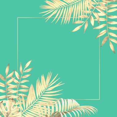 Mavi yeşil arka planda suluboya tropikal bitkilere sahip çiçek tasarımı.