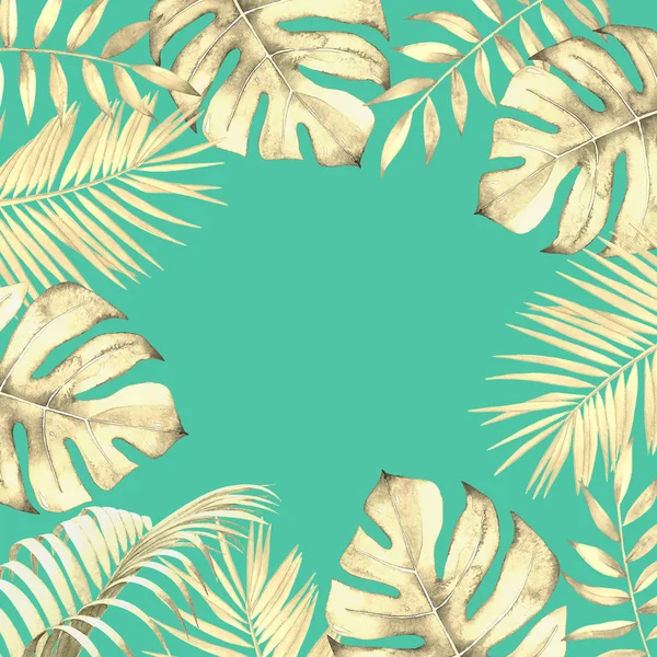 Blommig Design Med Akvarell Tropiska Växter Blå Grön Bakgrund — Stockfoto