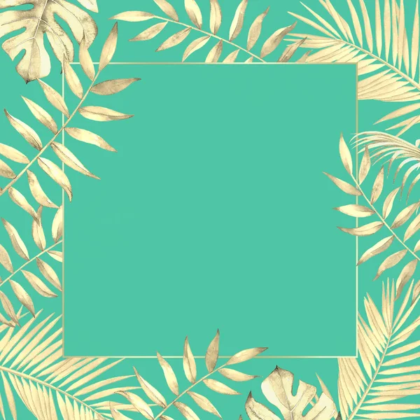 Floral Frame Watercolor Tropical Plants Leaves Blue Green Background — Stock Photo, Image