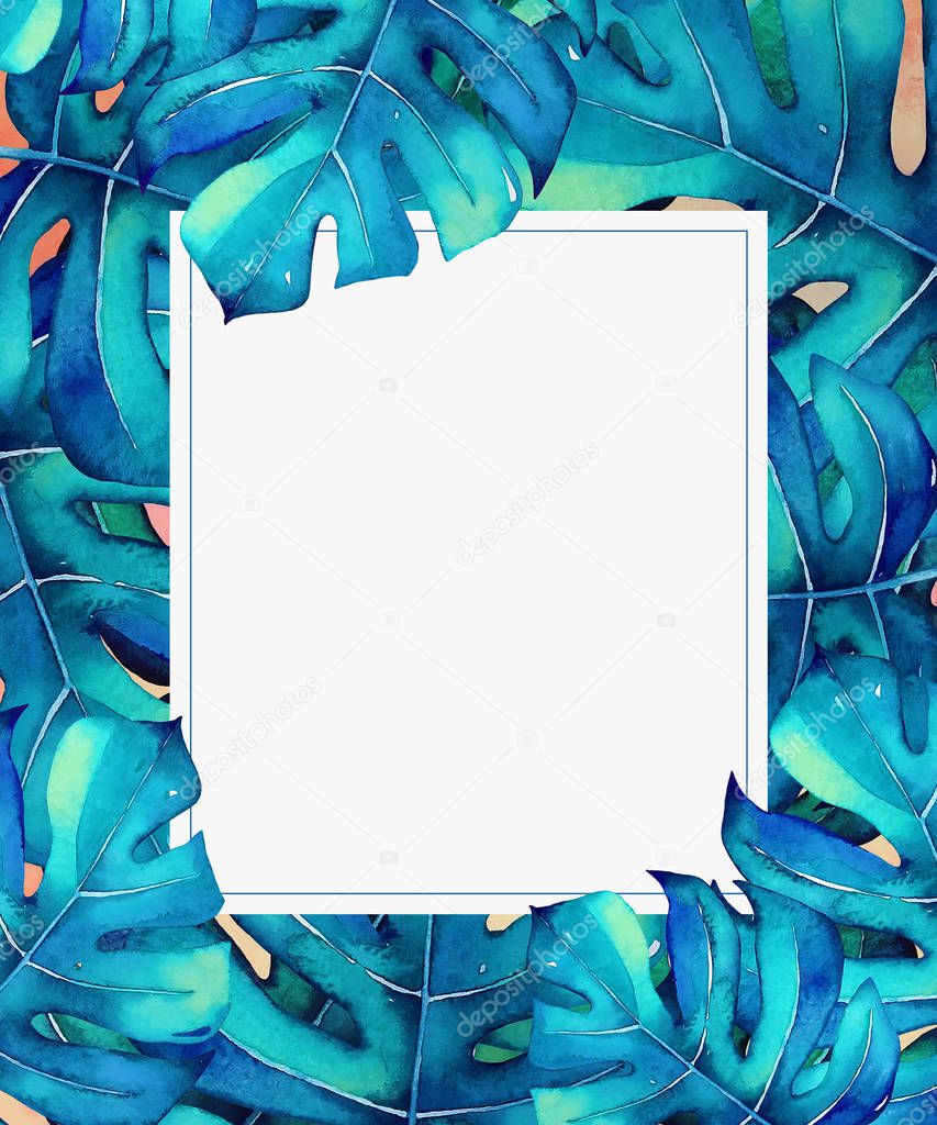 Watercolor tropical frame with blue palm leaves and a copy space. 