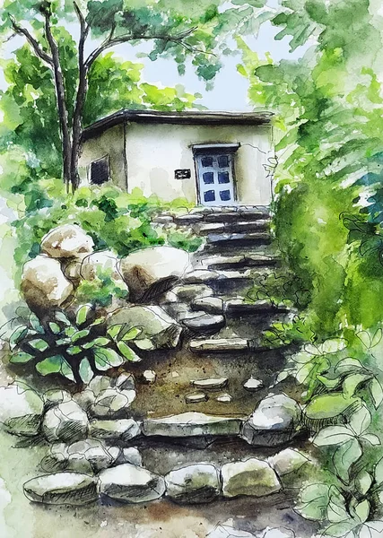 Watercolor Urban Sketch Old Stone House Hill Wth Old Ruined — 스톡 사진