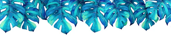 Seamless Tropical Pattern Watercolor Blue Monstera Leaves White Background — Stock Photo, Image