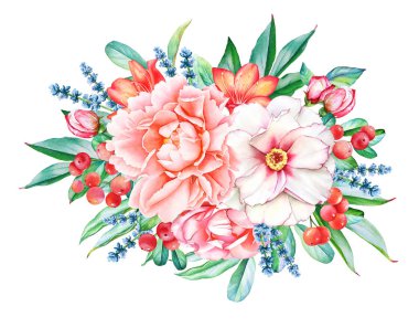 Pembe ve beyaz şakayık, lavanta ve kırmızı dutlu suluboya buket.