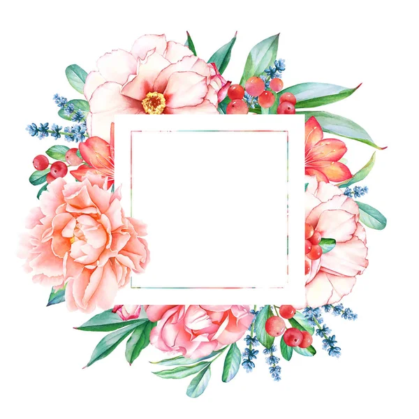 Floral Frame Lush Watercolor Bouquet Empty Space Text — 스톡 사진