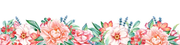 Motif Sans Couture Avec Pivoine Aquarelle Fleurs Baies Roses — Photo