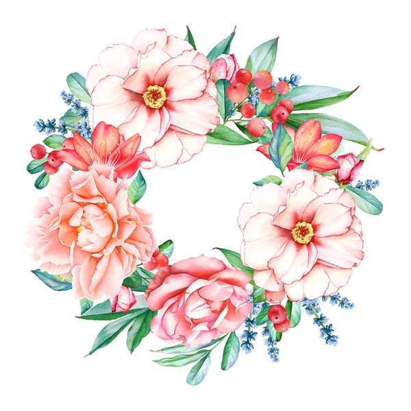 Watercolor Floral Wreath Peony Rose Flowers Red Berries — Stock Photo, Image