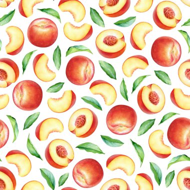 Beyaz arka planda suluboya şeftali meyveleri ve yapraklarla kusursuz desen