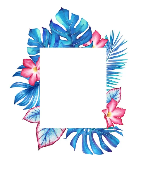 Akwarela Tropikalna Ramka Niebieskimi Liśćmi Różowymi Kwiatami Ilustracja Projektowania Zaproszeń — Zdjęcie stockowe