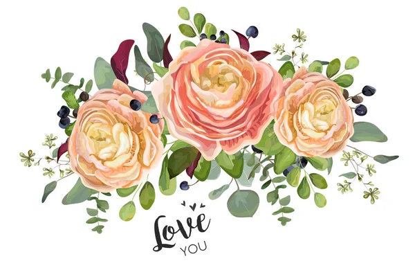 Vektor blommig kortdesign: trädgård persika rosa Ranunculus blommor Eucalyptus gren, gröna skogen fern leaf blå bär bukett. Bröllop vektor inbjuder illustration i akvarell stil romantiska kopia utrymme — Stock vektor