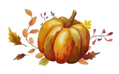 Vektör çiçek suluboya tarzı kartı tasarım Sonbahar sezonu ile turuncu büyük kabak, sarı kahverengi kırmızı dallar orman sonbahar bitkisel karışımı bırakır. Tebrik, kartpostal düğün davet dekoratif doğa illüstrasyon