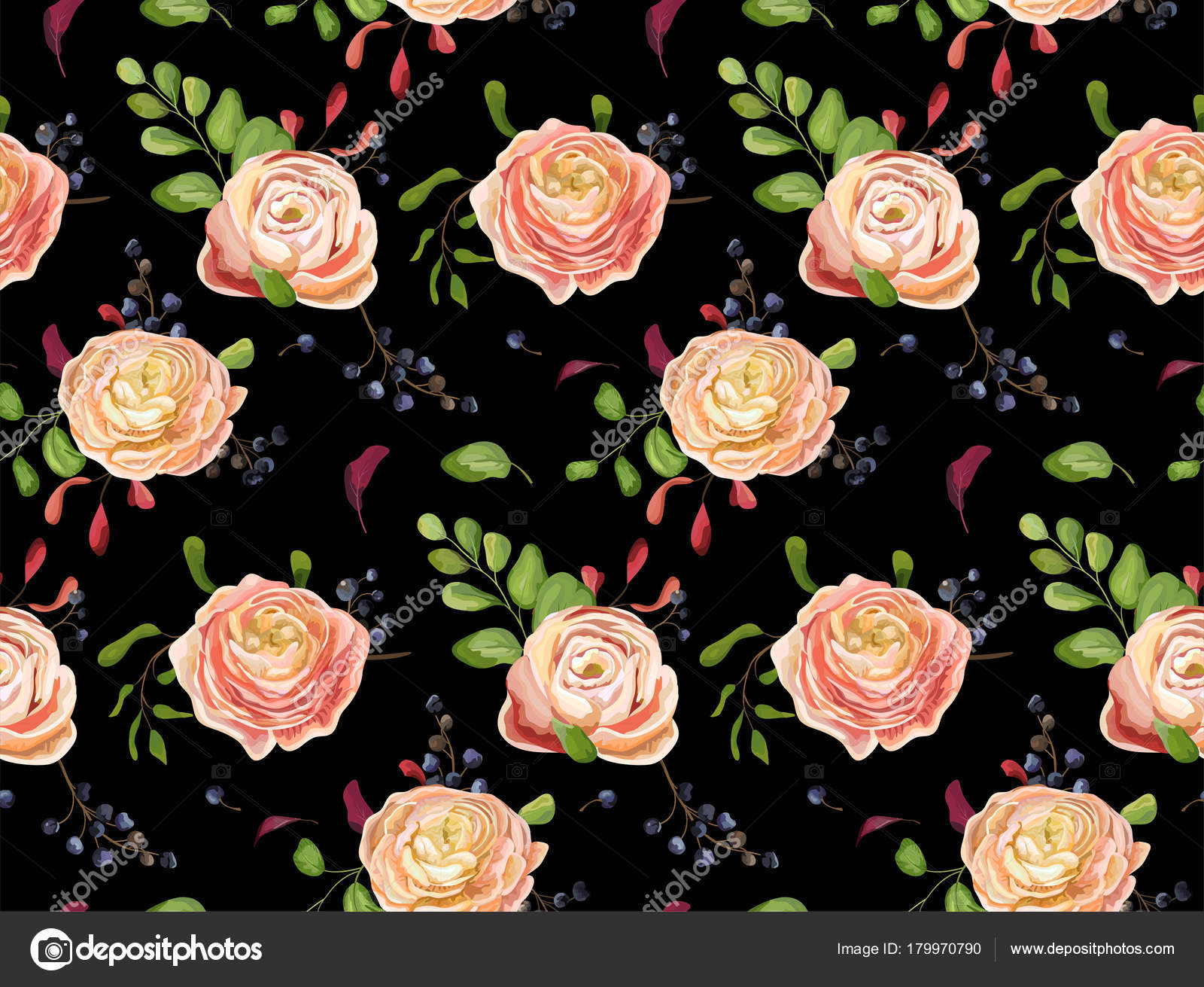 Reticolo floreale senza giunte di fiori di ranuncolo rosa rosa foglia di felce verde bacca Sfondo di disegnato a mano nello stile dell acquerello