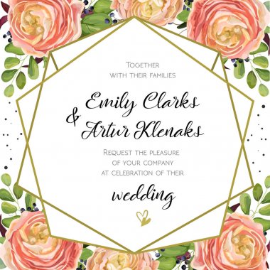 Davet düğün, çiçek davet kartı tasarımı pembe şeftali ile tipik zarif mavi berry, romantik fern yeşillik buketi, geometrik altın kenarlık yazdırma gül. Vektör suluboya şirin Bahçe tebrik