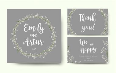 Çiçek davet davet çiçek kartı gümüş gri tasarım Bahçe Baby's breath Gypsophila küçük çiçek çelenk romantik poster afiş ile düğün. Vektör romantik yıldönümü baskı. Zarif şirin şablonu