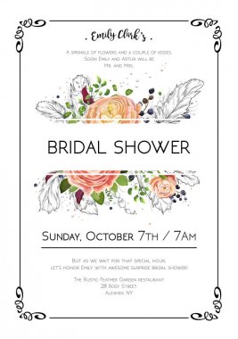 Gelin Duş vektör boho sanat düğün suluboya davetiye tasarım hafif Pembe Çiçek bahçe gül tipik çiçekler fern yeşil yaprak, elle çizilmiş satır tüyler ve boncuk ile. Grafik arka plan çerçeve