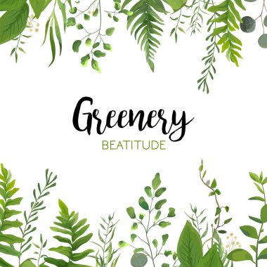 Vektör çiçek yeşil kart tasarımı: orman fern yaprak, okaliptüs şube yeşil yaprakları yeşillik bitki yeşil berry çerçeve kenarlığı. Davet düğün, poster davet suluboya el sanat resimde çizilmiş